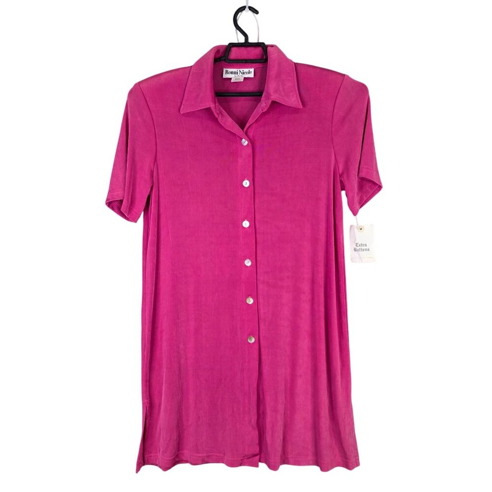 Womens Ronni Nicole By Ouida Pink Shirt Dress Button Down Short Sleeve Size L